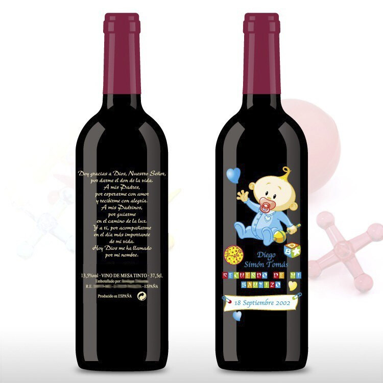 Botellas de vino personalizadas bautizo y Moscatel