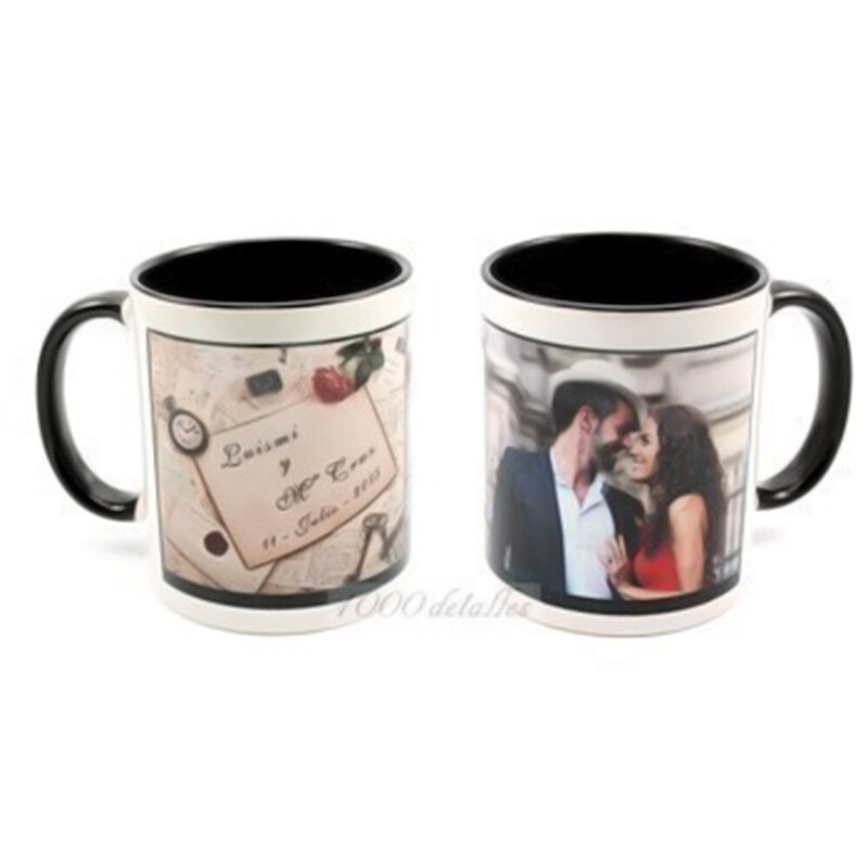 Taza con foto de boda con asa e interior negro, diseños a elegir