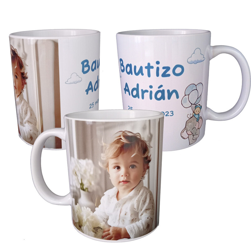 Taza de bautizo de elefante con foto para niño